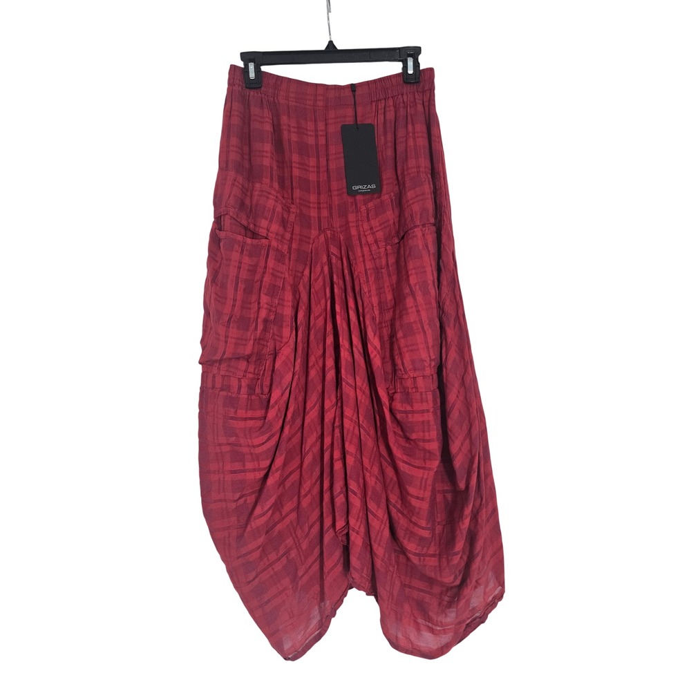 NWT Grizas Red Plaid Tulip Skirt Lagenlook Draped Balloon Hem Silk Blend Boho